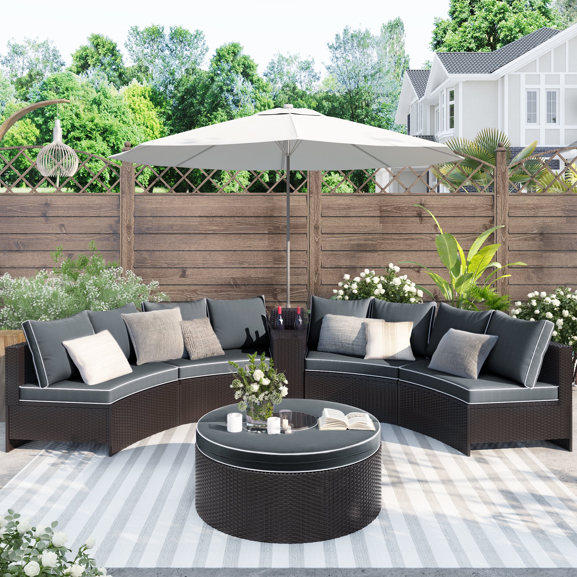 6 Pieces Outdoor Sectional Half Round Patio Rattan Sofa Set; PE Wicker Conversation Furniture Set w/ One Storage Side Table for Umbrella and One Multi 6 Pieces Outdoor Sectional Half Round Patio Rattan Sofa Set; PE Wicker Conversation Furniture Set w/ One Storage Side Table for Umbrella and One Multi