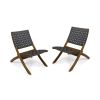 Riley Outdoor Acacia Wood Foldable Chairs (Set of 2); Brown Patina and Gray Straps