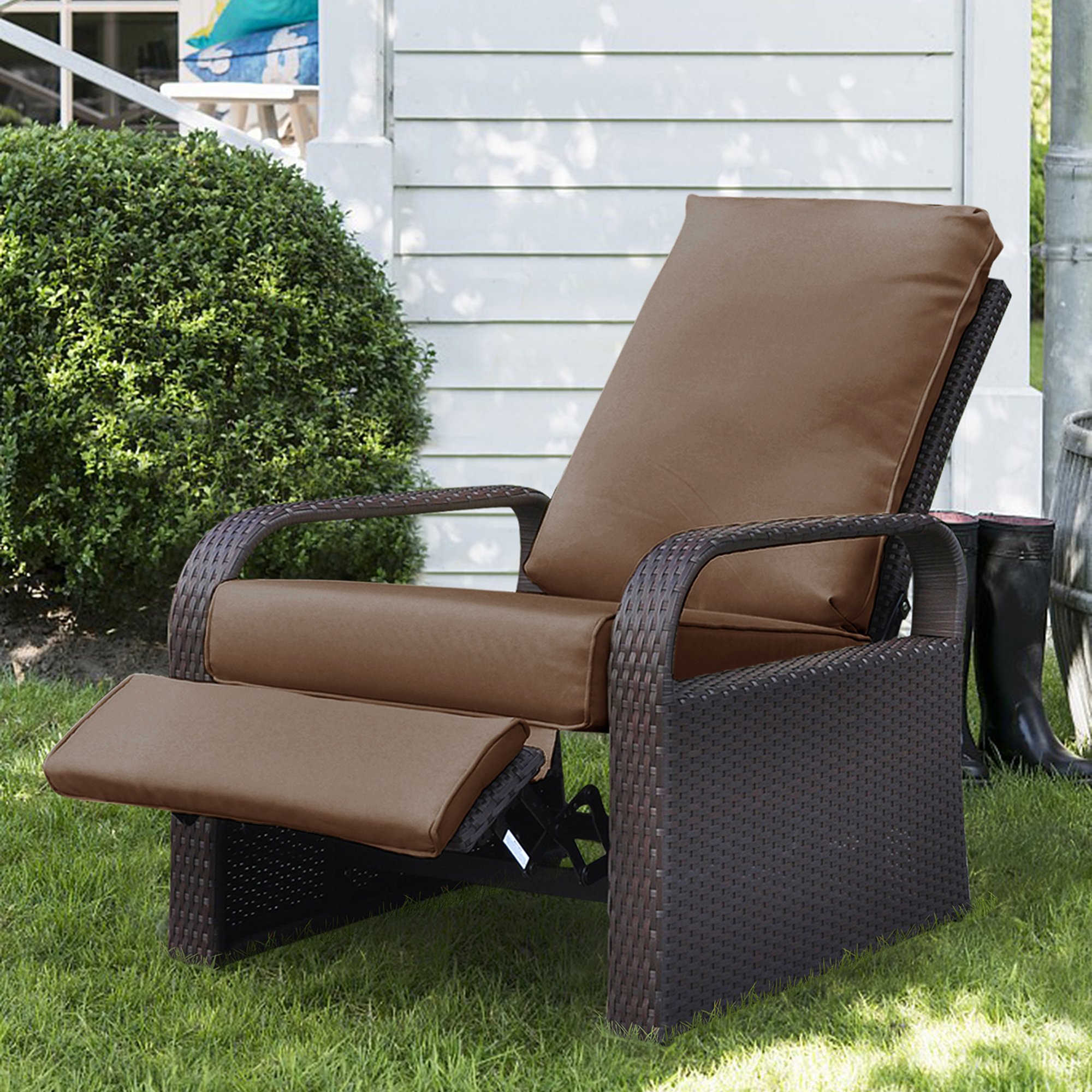 Outdoor Recliner Chair; Automatic Adjustable Wicker Lounge Recliner Chair with 5.12'' Thicken Cushion Outdoor Recliner Chair; Automatic Adjustable Wicker Lounge Recliner Chair with 5.12'' Thicken Cushion